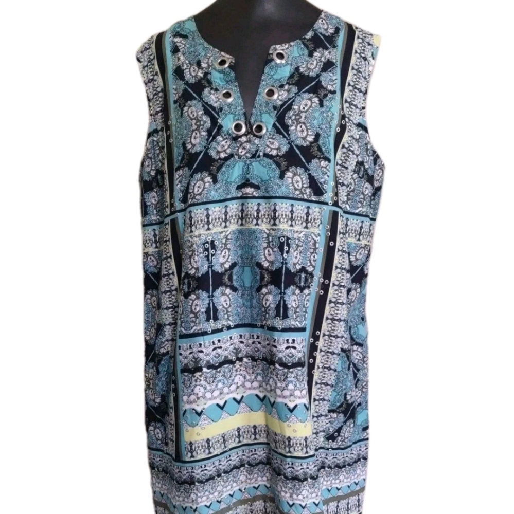 Tribella Dress Sz XL Sleeveless Teal & Black Paisley Metal Accents V-neck Boho